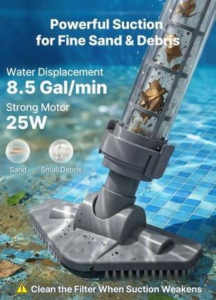 Handheld Pool Vacuum, 8.5 GPM Cordless Spa Hot Tub Vacuum with Extension Pole and 2 Brush Heads, 60 Mins Running Time, for Small Debris, Sand, Rechargeable Pool Cleaner for Above Ground Pools