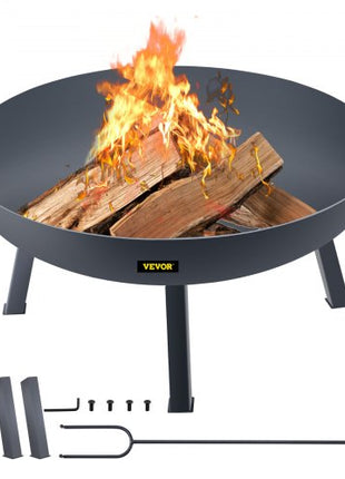 Fire Pit Bowl, 34-Inch Diameter Round Carbon Steel Fire Bowl, Wood Burning for Outdoor Patios, Backyards & Camping Uses, with A Drain Hole, Portable Handles and A Firewood Stick, Black