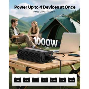 1000W Power Inverter, 12V DC to 120V AC Modified Sine Wave Inverter, Car Charger Converter with USB & Type-C Port, 2 AC Outlets, LED Indicator Light, Ideal for RV, Truck Outdoor Camping