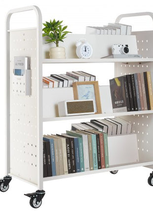 Rolling Library Book Cart, 330 lbs Capacity, 38.2 x 20.3 x 48.2-Inch Library Cart, Double Sided W-Shaped Shelves with 3-Inch Lockable Wheels, Book Truck for Home Shelves Office and School, White