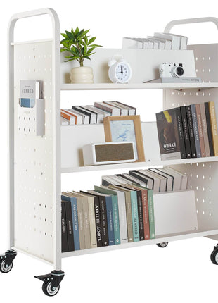 Rolling Library Book Cart, 330 lbs Capacity, 38.2 x 20.3 x 48.2-Inch Library Cart, Double Sided W-Shaped Shelves with 3-Inch Lockable Wheels, Book Truck for Home Shelves Office and School, White