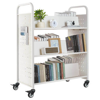 Rolling Library Book Cart, 330 lbs Capacity, 38.2 x 20.3 x 48.2-Inch Library Cart, Double Sided W-Shaped Shelves with 3-Inch Lockable Wheels, Book Truck for Home Shelves Office and School, White