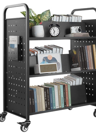 Rolling Library Book Cart, 330 lbs Capacity, 38.2 x 20.3 x 48.2-Inch Library Cart, Double Sided W-Shaped Shelves with 3-Inch Lockable Wheels, Book Truck for Home Shelves Office and School, Black