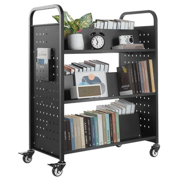 Rolling Library Book Cart, 330 lbs Capacity, 38.2 x 20.3 x 48.2-Inch Library Cart, Double Sided W-Shaped Shelves with 3-Inch Lockable Wheels, Book Truck for Home Shelves Office and School, Black