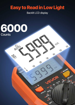 Digital Multimeter, 6000-Count TRMS DC/AC Voltmeter Current Tester, Professional NCV Multimeter for Current Voltage Resistance Capacitance Duty-Cycle Tempetature Diodes Continuity Live Wire Test