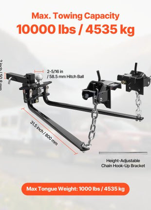 Weight Distribution Hitch, 10000 lbs Max Towing & 1000 lbs Max Tongue, Weight Distributing Hitches Kit Includes 2 in Shank and 2-5/16 in Ball, Load Leveling Hitch for Trailers, Black