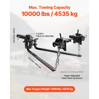 Weight Distribution Hitch, 10000 lbs Max Towing & 1000 lbs Max Tongue, Weight Distributing Hitches Kit Includes 2 in Shank and 2-5/16 in Ball, Load Leveling Hitch for Trailers, Black