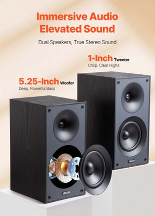 Passive Bookshelf Speaker, 300W, Book Shelf Stereo Speakers with 5.25-Inch Woofer and 1-Inch Tweeter, Detachable Grille, 65Hz-20KHz Frequency Response, Wooden Enclosure, for Home Theater (1 Pair)