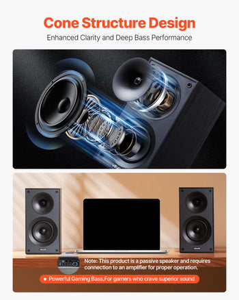 Passive Bookshelf Speaker, 300W, Book Shelf Stereo Speakers with 5.25-Inch Woofer and 1-Inch Tweeter, Detachable Grille, 65Hz-20KHz Frequency Response, Wooden Enclosure, for Home Theater (1 Pair)