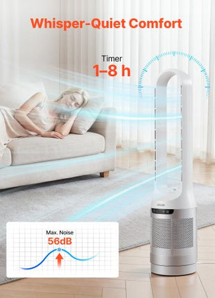 Bladeless Tower Fan, 65° Oscillating Standing Fan, 12 Speeds & 4 Modes & 8H Timer, 14.76 ft/s High Velocity Floor Air Circulator, Powerful Airflow for Bedroom, Living Room, Home, Office, White