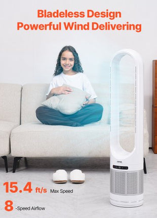 Tower Fan Bladeless, 15.4ft/s Velocity Floor Fan that Blows Cold Air, 80° Oscillating 8-Speed Fans, 8H Timer, Standing Fans with H13 HEPA Filtration, Remote Control & Air Purification Mode