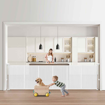 Retractable Baby Gate, 34 inch Tall, Extends up to 110 inch Wide, Retractable Gate for Kids or Pets, Mesh Material, Easy to Install for Indoor Stairs, Doorways, Hallways, Playrooms, White