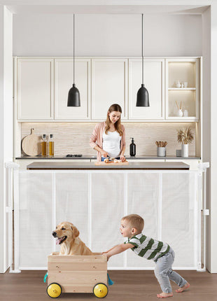 Retractable Baby Gate, 34 inch Tall, Extends up to 55 inch Wide, Retractable Gate for Kids or Pets, Mesh Material, Easy to Install for Indoor Stairs, Doorways, Hallways, Playrooms, White