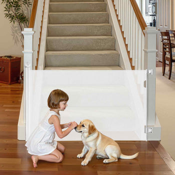 Retractable Baby Gate, Extends to 56.3 inch Wide, 31.3 inch Tall, with Security Lock, Easy to Use, Walk Through Without Tripping, Mesh Dog Gate for Stairs, Hallways, Indoor/Outdoor, White
