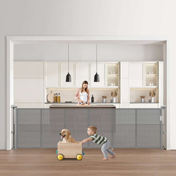 Retractable Baby Gate, 34 inch Tall, Extends up to 110 inch Wide, Retractable Gate for Kids or Pets, Mesh Material, Easy to Install for Indoor Stairs, Doorways, Hallways, Playrooms, Gray