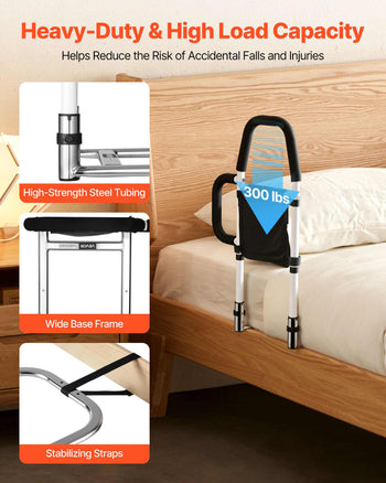 Bed Rail for Elderly, Bedside Assist Rails with Side Handle and PU Handrail, Adjustable Height Carbon Steel Pipe Bedside Cane, Bed Bars for Seniors & Patients, Fits King, Queen, Full, Twin