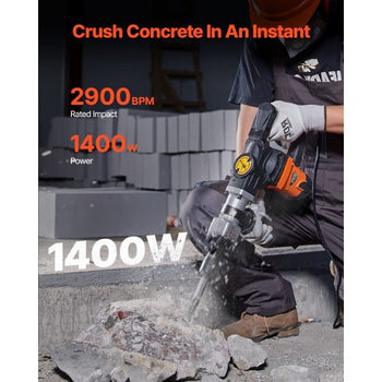 Demolition Jack Hammer, 1400W Electric Jackhammer Heavy Duty, 2900 BPM Concrete Breaker, 2pcs Chisels Bits Chipping with Case, Gloves