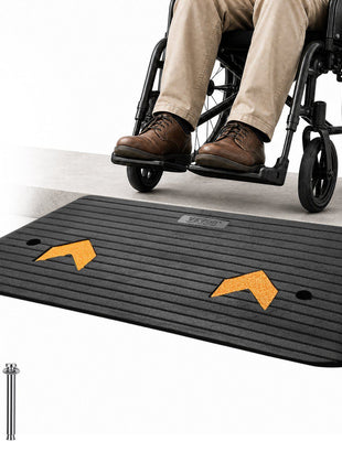 Black rubber wheelchair ramp with orange traction indicators, durable design for easy accessibility.