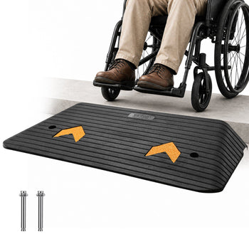 Black rubber wheelchair ramp with orange traction indicators, durable design for easy accessibility.
