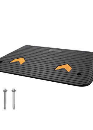 Black rubber speed bump with reflective orange markers and included metal bolts for easy installation.