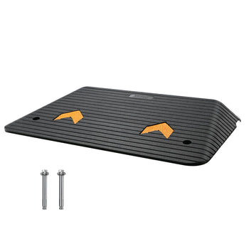 Black rubber speed bump with reflective orange markers and included metal bolts for easy installation.