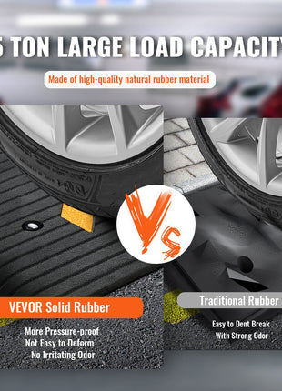 VEVOR solid rubber heavy-duty wheel chock, designed for 15-ton load capacity, pressure-proof, no strong odor, durable black.