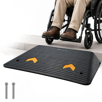 Black wheelchair ramp mat with textured surface, featuring yellow traction stripes for enhanced safety and accessibility.