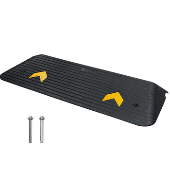 Black rubber curb ramp with yellow reflective stripes, ideal for vehicle access and outdoor use, includes screws.