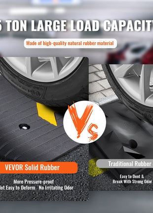 VEVOR 15 Ton Solid Rubber Wheel Chock, durable black, pressure-proof, odor-free, compared to traditional rubber chocks.