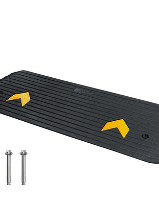 Heavy-duty black rubber curb ramp with yellow safety markings, designed for vehicles and equipment access.