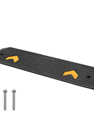 Black rubber speed bump with yellow reflective markings, ideal for driveways and parking lots, includes mounting bolts.