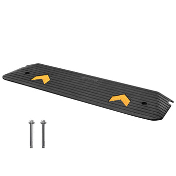 Black rubber speed bump with yellow reflective markings, ideal for driveways and parking lots, includes mounting bolts.