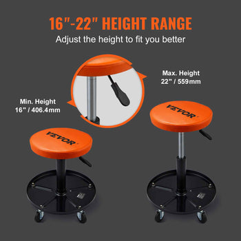 Adjustable orange vinyl stool with a black base, height range 16"-22", ideal for versatile seating solutions.