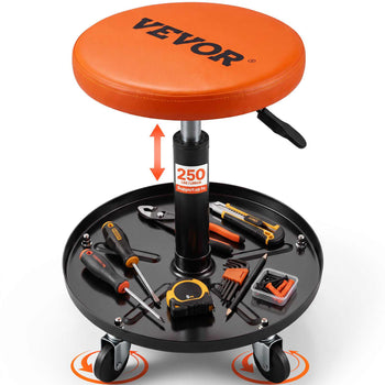 VEVOR orange padded mechanic's stool with adjustable height and tool storage tray, 250 lbs capacity.