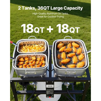 Outdoor Propane Deep Fryer, Dual-Tank 18QTx2 Commercial Fryer, Multi-Purpose Portable Frying Cart with Wheel, 3 Basket, 2 Thermometer, Stainless Steel Cooker for Fish Fry Wings Fries, 40,000 BTU