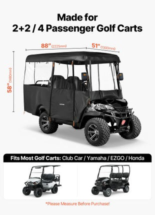 Golf Cart Cover, Visible Full-Enclosure 2+2/4 Passenger Golf Cart, 420D Waterproof Oxford Fabric Club Car Cover Fits Most Carts Club Car, Yamaha, EZGO, Honda, PVC Coating & Windproof Hook Design