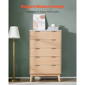 5 Fluted Drawer Dresser, Wooden Chest of Drawers with Sliding & Anti-tip Device, Modern Minimalist Dresser Chest, Closet Storage Organizer for Living Room, Hallway, Bedroom, Entryway, Light Wood