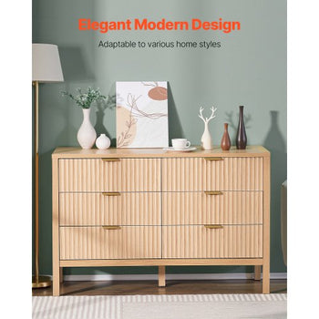 6 Fluted Drawer Dresser, Wooden Chest of Drawers with Sliding & Anti-tip Device, Modern Minimalist Dresser Chest, Closet Storage Organizer for Living Room, Hallway, Entryway, Light Wood