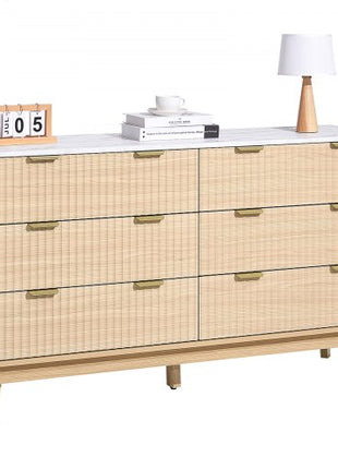 6 Fluted Drawer Dresser, Wooden Chest of Drawers with Sliding & Anti-tip Device, Modern Minimalist Dresser Chest, Fluted Closet Storage for Living Room, Hallway, Bedroom, Entryway, Light Wood