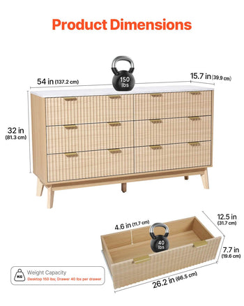 6 Fluted Drawer Dresser, Wooden Chest of Drawers with Sliding & Anti-tip Device, Modern Minimalist Dresser Chest, Fluted Closet Storage for Living Room, Hallway, Bedroom, Entryway, Light Wood
