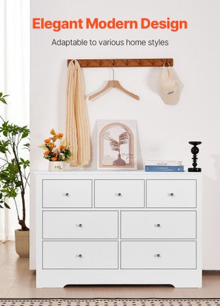 7 Drawer Dresser, Wooden Chest of Drawers with Sliding with Anti-tip Device, Modern Minimalist Dresser Chest, Closet Storage Organizer for Living Room, Hallway, Bedroom, Entryway, Light Wood