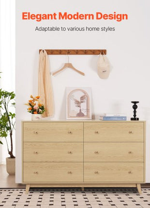 6 Drawer Dresser, Wooden Chest of Drawers with Sliding with Anti-tip Device, Modern Minimalist Dresser Chest, Closet Storage Organizer for Living Room, Hallway, Bedroom, Entryway, Light Wood