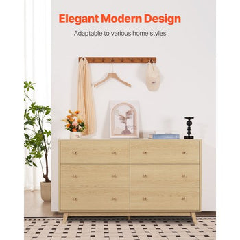 6 Drawer Dresser, Wooden Chest of Drawers with Sliding with Anti-tip Device, Modern Minimalist Dresser Chest, Closet Storage Organizer for Living Room, Hallway, Bedroom, Entryway, Light Wood