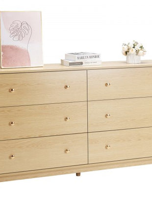 6 Drawer Dresser, Wooden Chest of Drawers with Sliding with Anti-tip Device, Modern Minimalist Dresser Chest, Closet Storage Organizer for Living Room, Hallway, Bedroom, Entryway, Light Wood