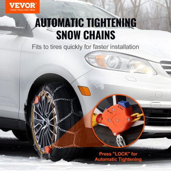 Auto Tightening Snow Chains, Diamond Mesh Traction Wheel Chains for Anti-slip, Manganese Alloy Steel Emergency Tire Chains for Cars, Pickups, SUVs, and Trucks (Set of 2)