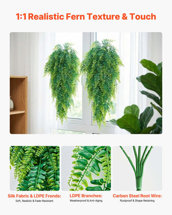 Artificial Ferns, 12 Pcs Fake Hanging Boston Fern Bush Plant with 32 Inch Hanging Length, Plastic Faux Greenery for Indoor/Outdoor Decor, For Wall, Wedding Party, Home, Porch Garden, No Basket