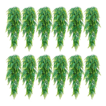 Artificial Ferns, 12 Pcs Fake Hanging Boston Fern Bush Plant with 32 Inch Hanging Length, Plastic Faux Greenery for Indoor/Outdoor Decor, For Wall, Wedding Party, Home, Porch Garden, No Basket