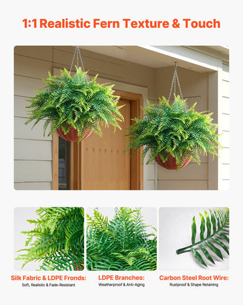 Artificial Ferns, 2 Pcs Fake Hanging Boston Fern Bush Plant with 23 Inch Hanging Length, Plastic Faux Greenery for Indoor and Outdoor Decor, For Wall, Wedding Party, Home, Porch Garden, Office