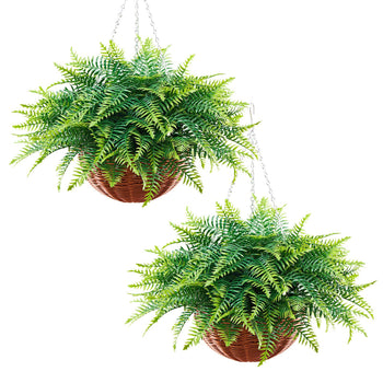 Artificial Ferns, 2 Pcs Fake Hanging Boston Fern Bush Plant with 23 Inch Hanging Length, Plastic Faux Greenery for Indoor and Outdoor Decor, For Wall, Wedding Party, Home, Porch Garden, Office