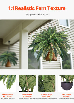 Artificial Ferns, Natural Spread Diameter 37-41 Inch, Large Hanging Fake Boston Ferns, Sunlight Resistant Fake Plant Wall Decor with 80 Branches and Flowerpot, Faux Fern for Home Office Outdoor